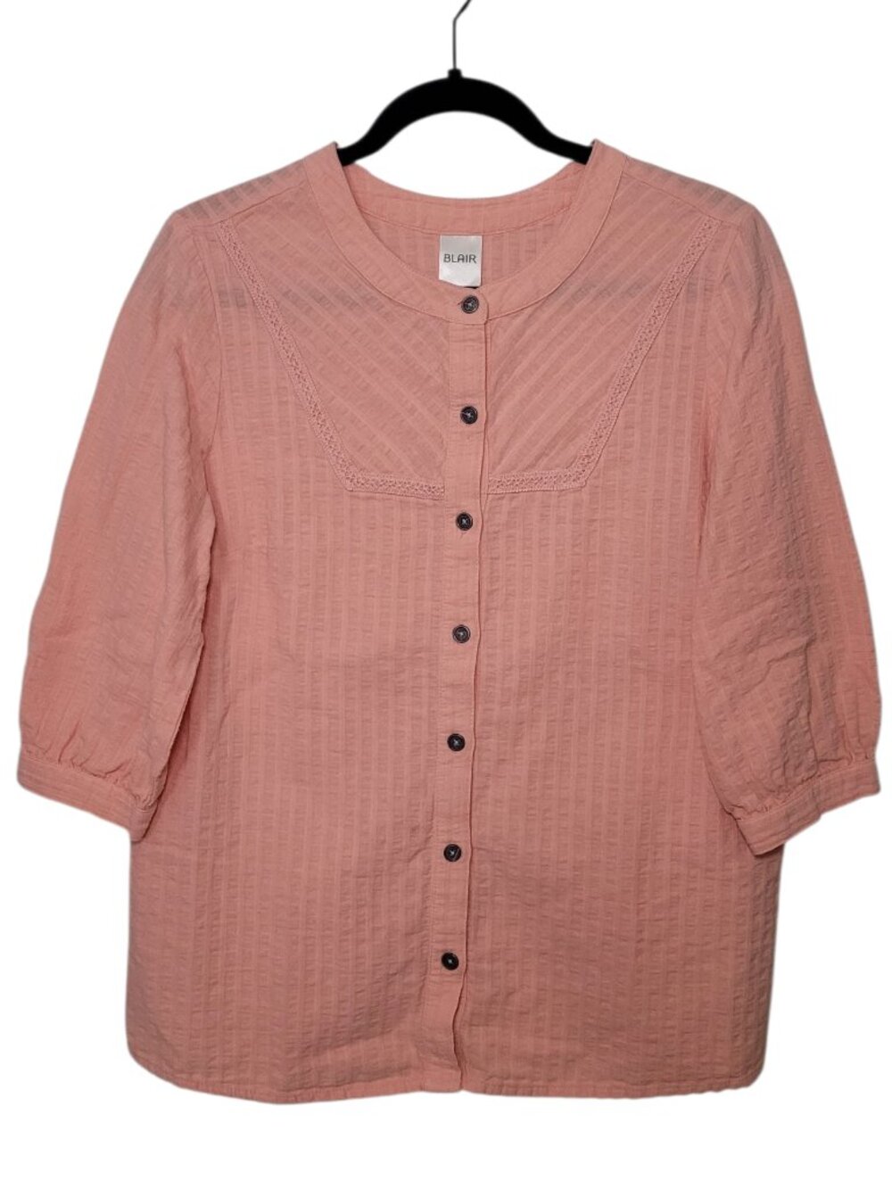 Blair Textured Button Down Blouse Top 3/4 Sleeve Salmon Pink Medium Coastal